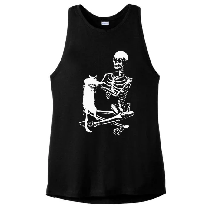 Skeleton Holding A Cat Lazy Halloween Costume Skull Ladies Tri-Blend Wicking Tank