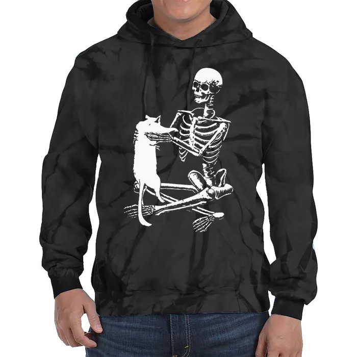 Skeleton Holding A Cat Lazy Halloween Costume Skull Tie Dye Hoodie