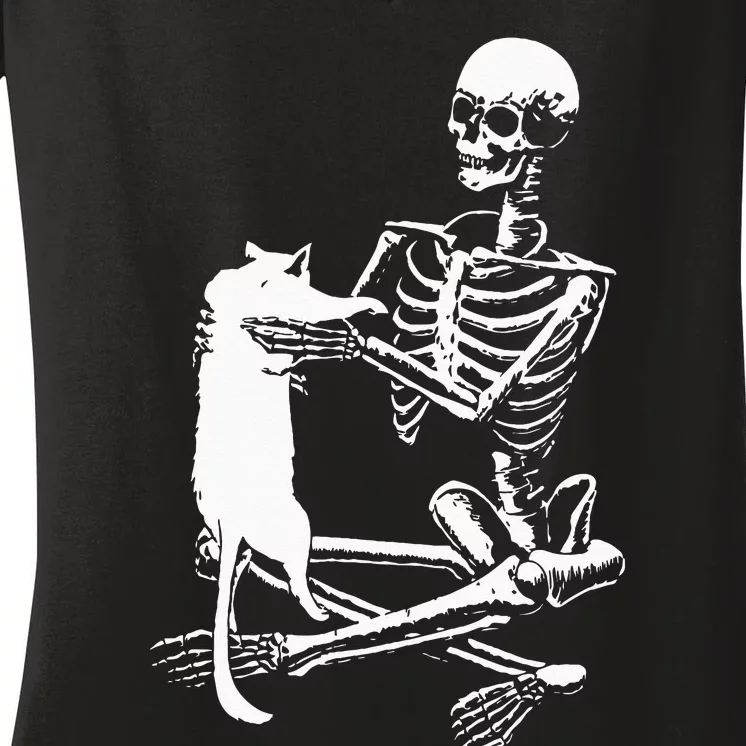 Skeleton Holding A Cat Lazy Halloween Costume Skull Women's V-Neck T-Shirt