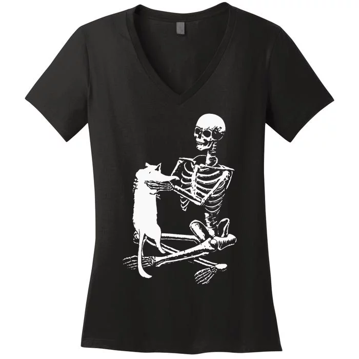 Skeleton Holding A Cat Lazy Halloween Costume Skull Women's V-Neck T-Shirt