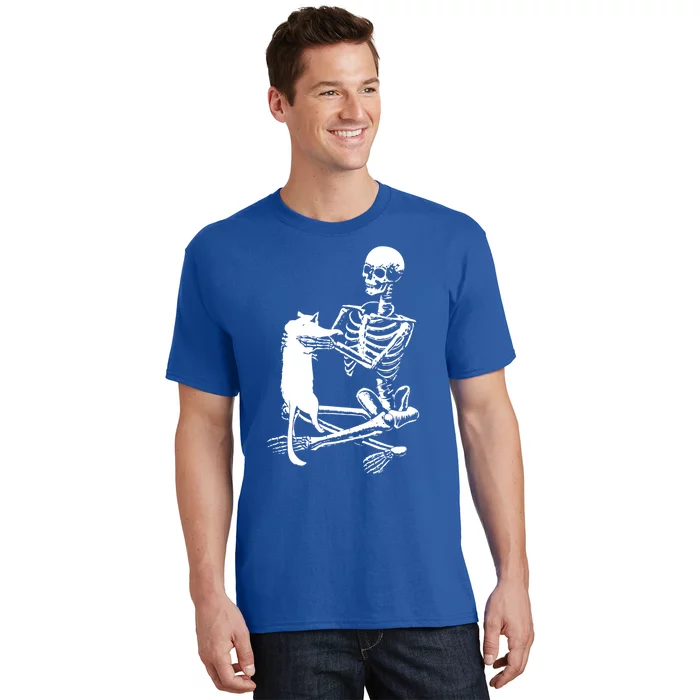 Skeleton Holding A Cagreat Gift Lazy Halloween Costume Skull Gift T-Shirt