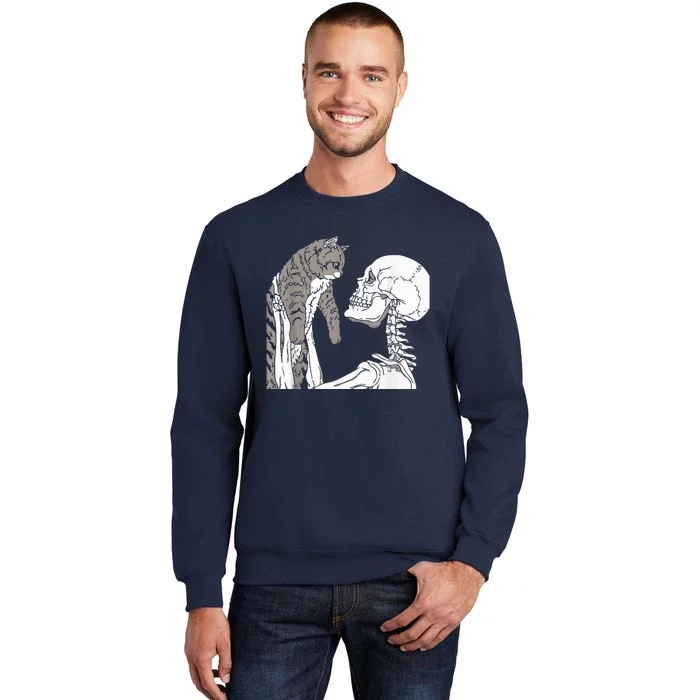 Skeleton Holding A Cat Shirt Lazy Halloween Costume Skull Tall Sweatshirt