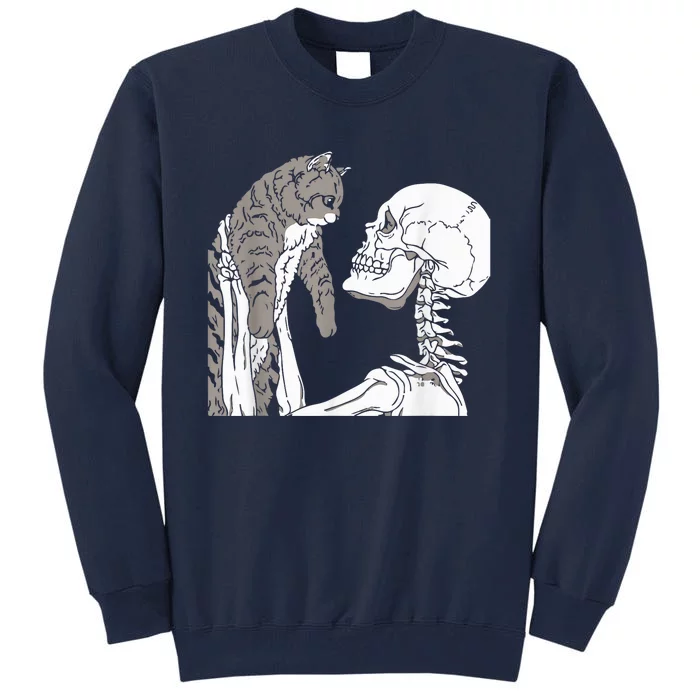 Skeleton Holding A Cat Shirt Lazy Halloween Costume Skull Tall Sweatshirt