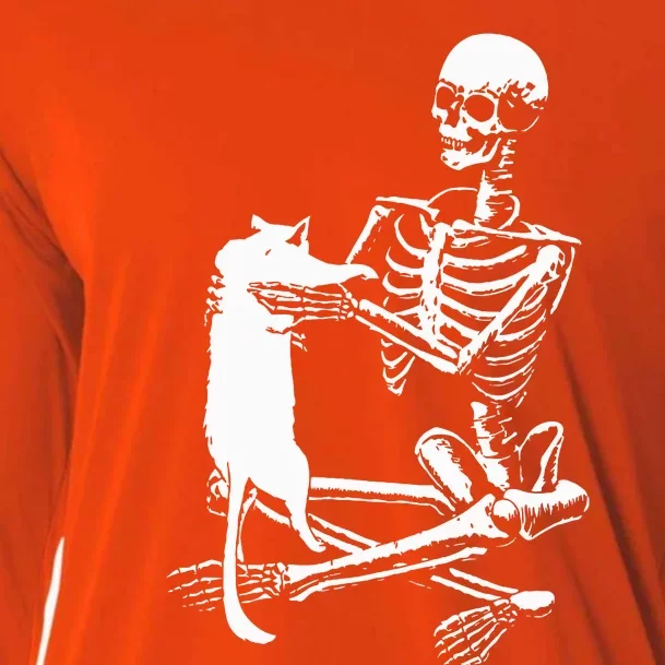 Skeleton Holding A Cat Lazy Halloween Costume Skull Cooling Performance Long Sleeve Crew