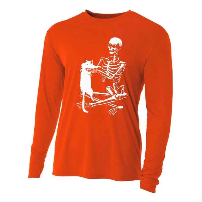 Skeleton Holding A Cat Lazy Halloween Costume Skull Cooling Performance Long Sleeve Crew