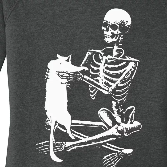 Skeleton Holding A Cat Lazy Halloween Costume Skull Women's Perfect Tri Tunic Long Sleeve Shirt