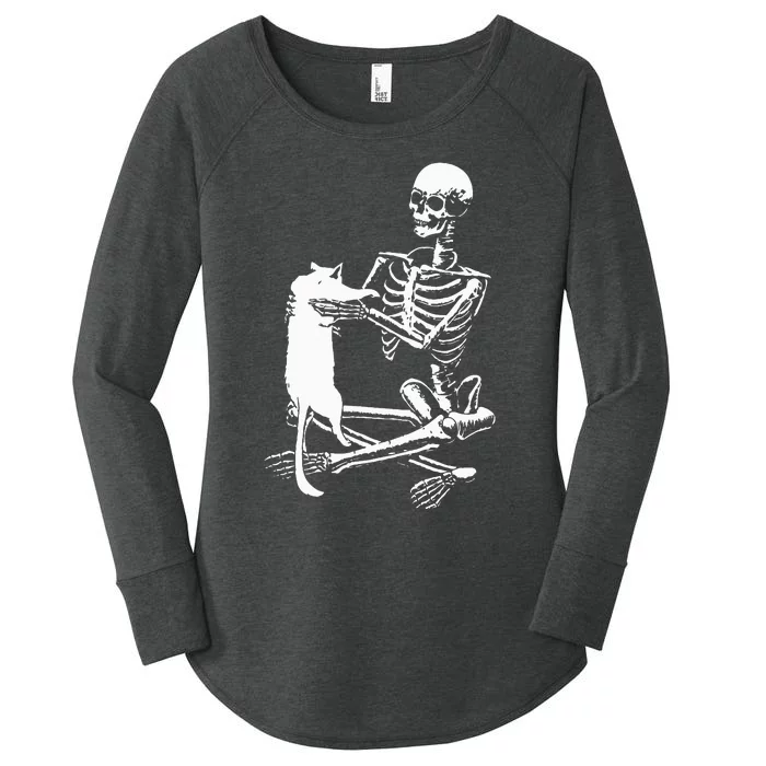 Skeleton Holding A Cat Lazy Halloween Costume Skull Women's Perfect Tri Tunic Long Sleeve Shirt