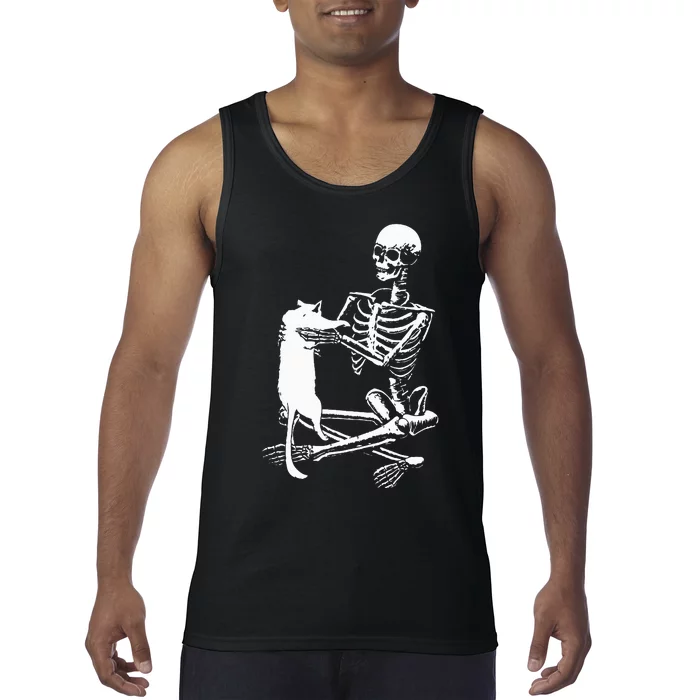 Skeleton Holding A Cat Lazy Halloween Costume Skull Tank Top