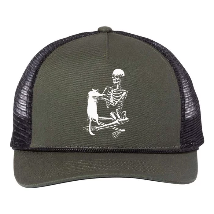 Skeleton Holding A Cat Lazy Halloween Costume Skull Retro Rope Trucker Hat Cap