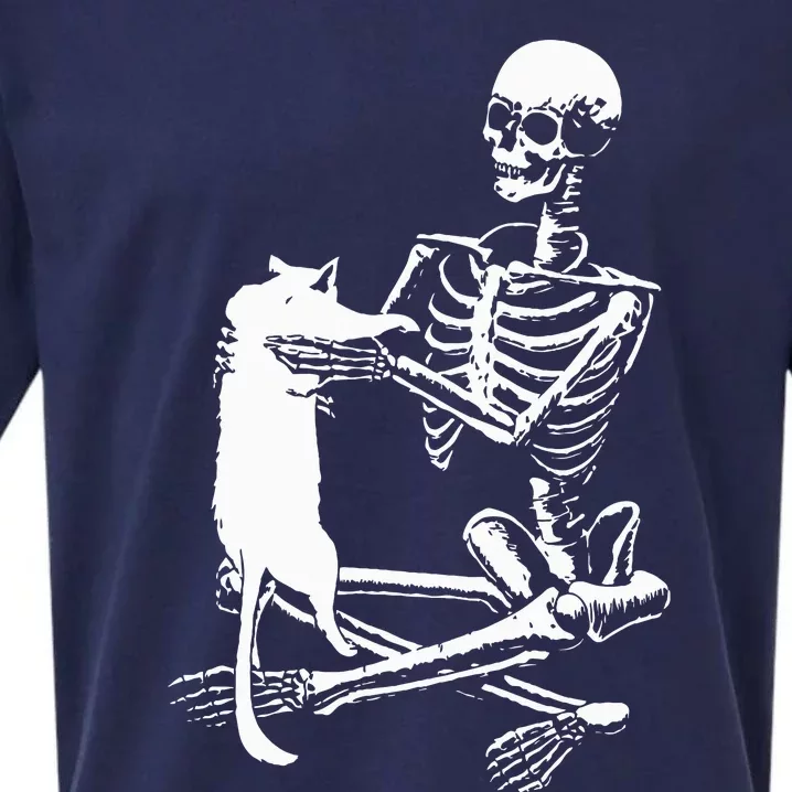 Skeleton Holding A Cat Lazy Halloween Costume Skull Sueded Cloud Jersey T-Shirt