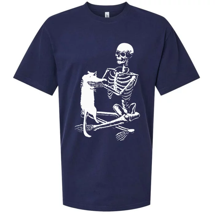 Skeleton Holding A Cat Lazy Halloween Costume Skull Sueded Cloud Jersey T-Shirt