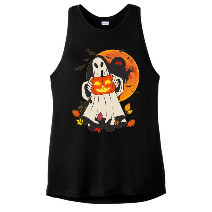 Spooky Halloween Autumn Ghost Jackolantern Ladies Tri-Blend Wicking Tank