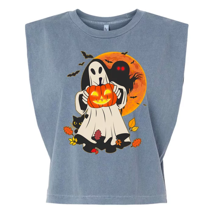 Spooky Halloween Autumn Ghost Jackolantern Garment-Dyed Women's Muscle Tee