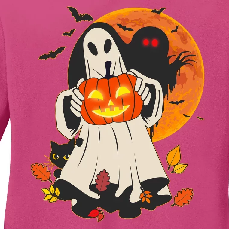 Spooky Halloween Autumn Ghost Jackolantern Ladies Long Sleeve Shirt