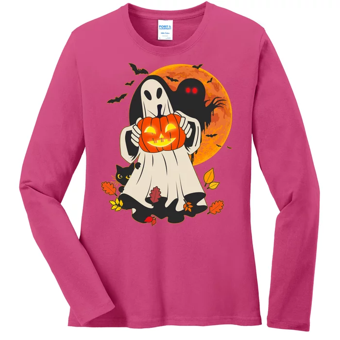 Spooky Halloween Autumn Ghost Jackolantern Ladies Long Sleeve Shirt