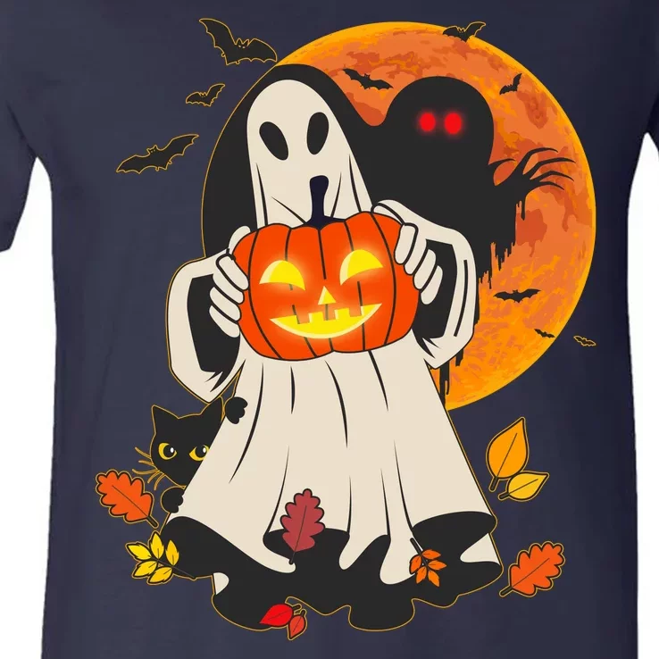 Spooky Halloween Autumn Ghost Jackolantern V-Neck T-Shirt