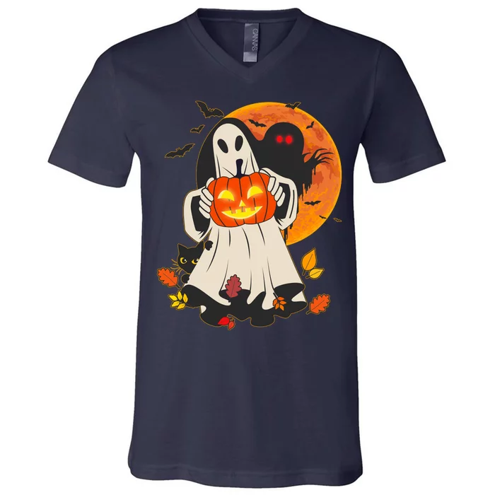 Spooky Halloween Autumn Ghost Jackolantern V-Neck T-Shirt