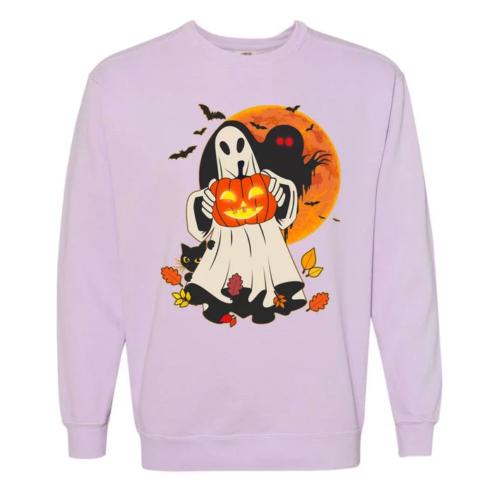 Spooky Halloween Autumn Ghost Jackolantern Garment-Dyed Sweatshirt