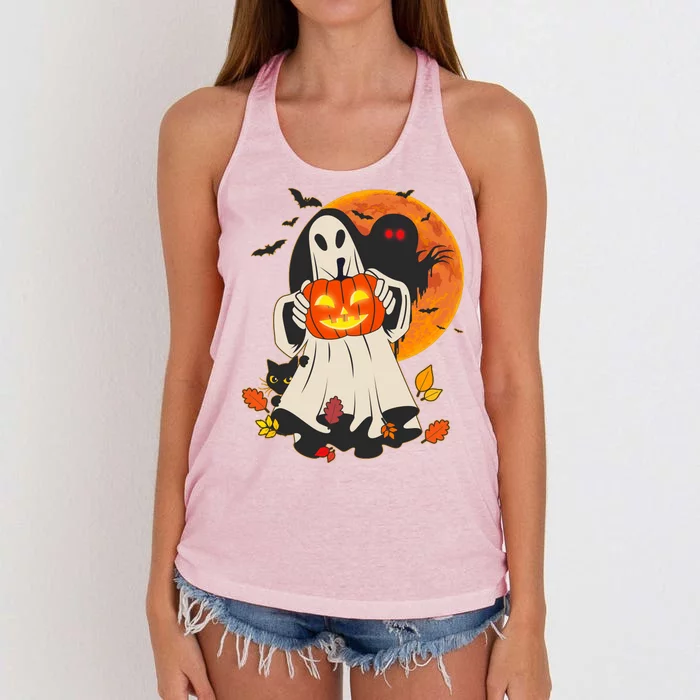 Spooky Halloween Autumn Ghost Jackolantern Women's Knotted Racerback Tank