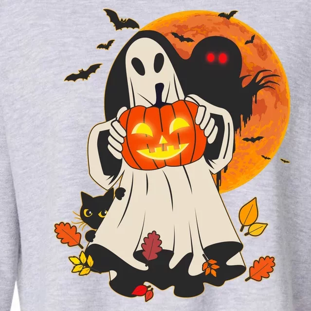 Spooky Halloween Autumn Ghost Jackolantern Cropped Pullover Crew