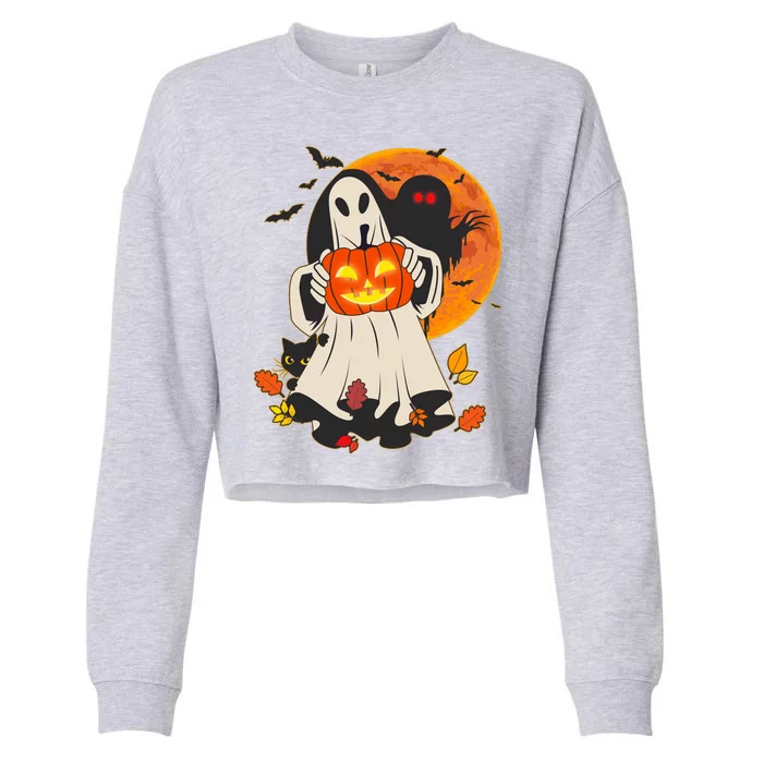 Spooky Halloween Autumn Ghost Jackolantern Cropped Pullover Crew