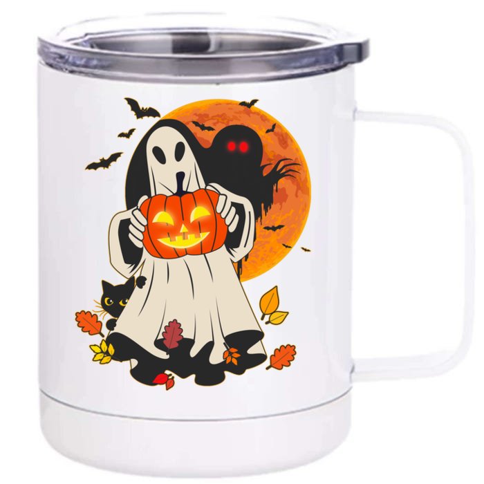 Spooky Halloween Autumn Ghost Jackolantern Front & Back 12oz Stainless Steel Tumbler Cup