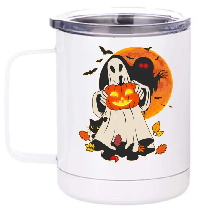 Spooky Halloween Autumn Ghost Jackolantern Front & Back 12oz Stainless Steel Tumbler Cup