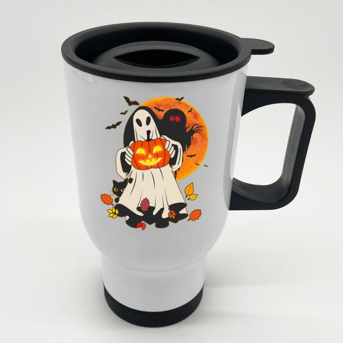 Spooky Halloween Autumn Ghost Jackolantern Front & Back Stainless Steel Travel Mug