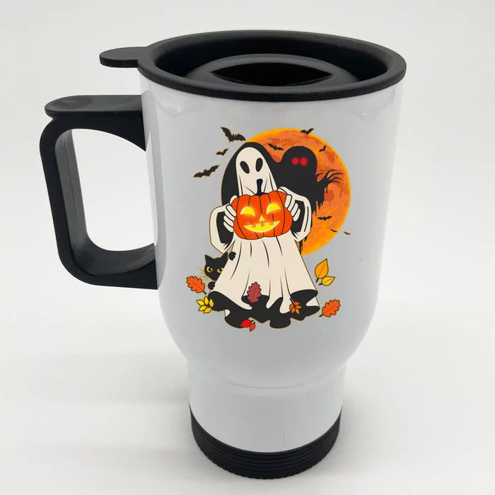 Spooky Halloween Autumn Ghost Jackolantern Front & Back Stainless Steel Travel Mug