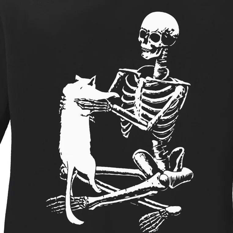 Skeleton Holding A Cat Lazy Halloween Costume Skull Ladies Long Sleeve Shirt