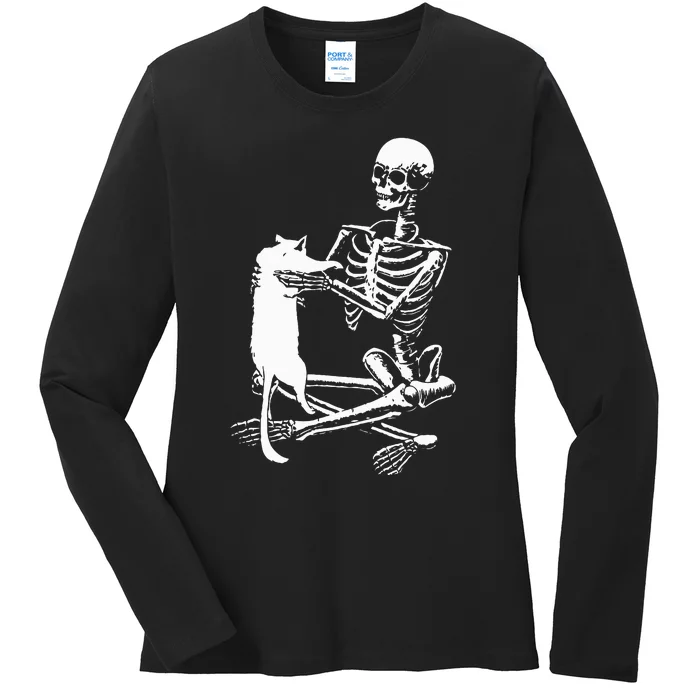 Skeleton Holding A Cat Lazy Halloween Costume Skull Ladies Long Sleeve Shirt