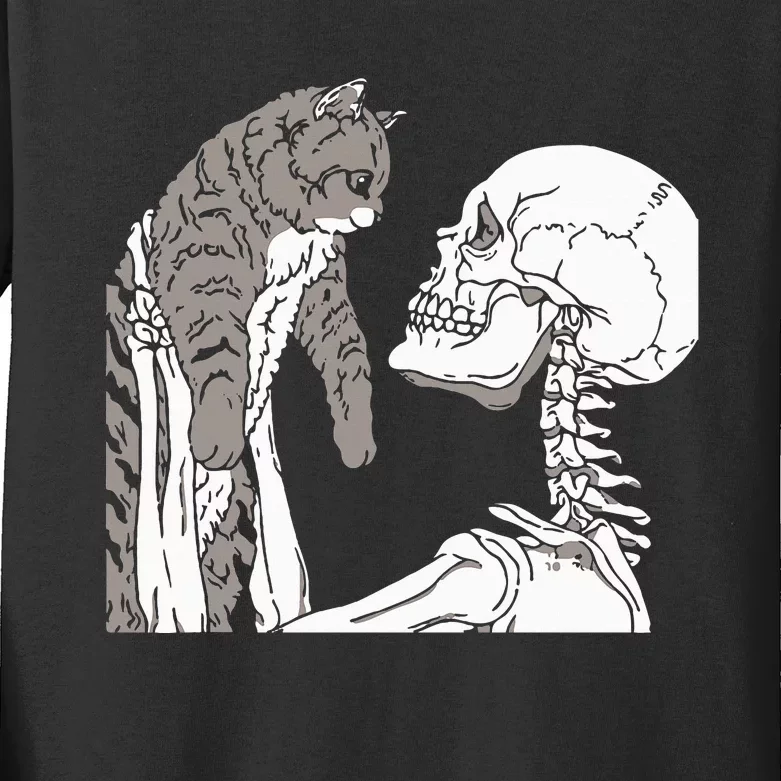 Skeleton Holding A Cat Lazy Halloween Costume Skull Kids Long Sleeve Shirt