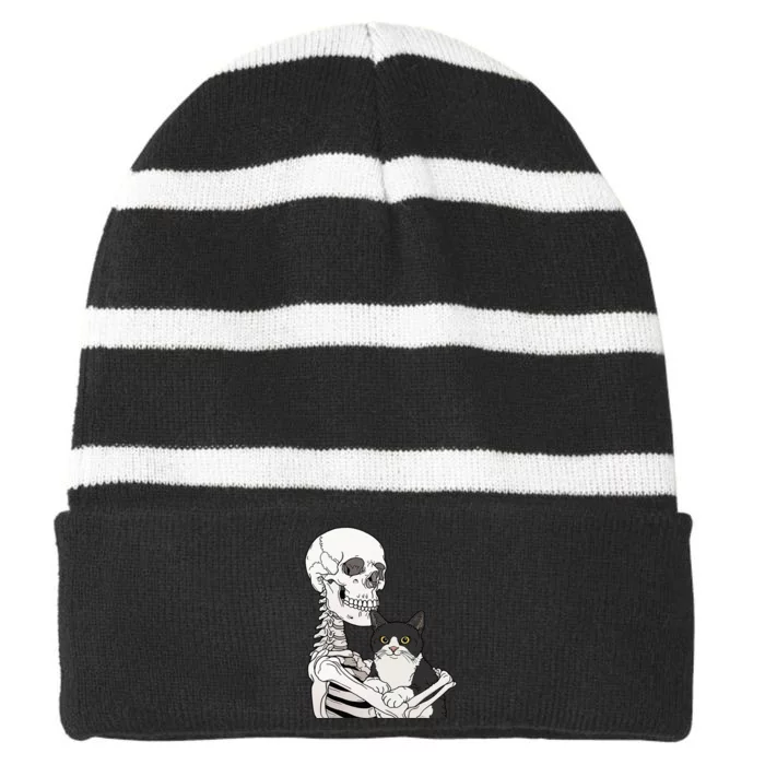 Skeleton Holding A Cat Halloween Costume Striped Beanie with Solid Band