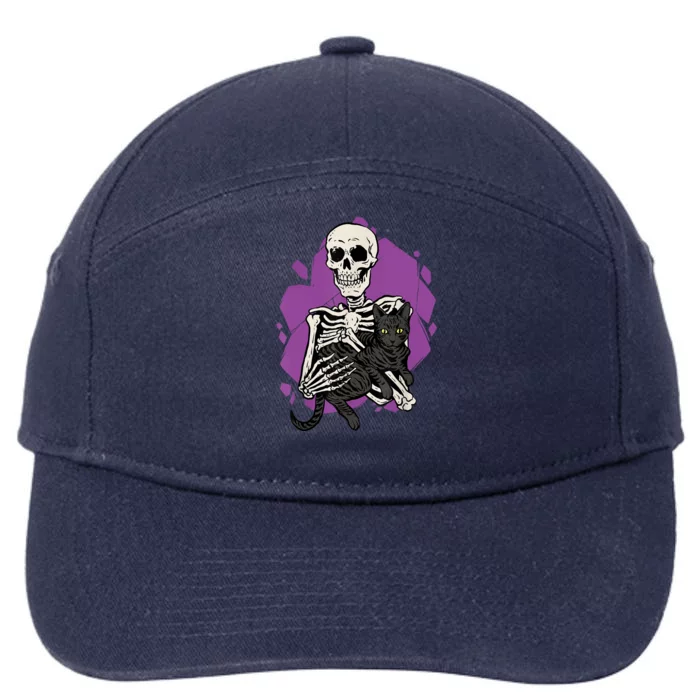 Skeleton Holding A Black Cat Lazy Halloween Costume Skull 7-Panel Snapback Hat