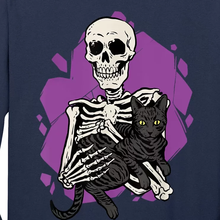 Skeleton Holding A Black Cat Lazy Halloween Costume Skull Tall Long Sleeve T-Shirt