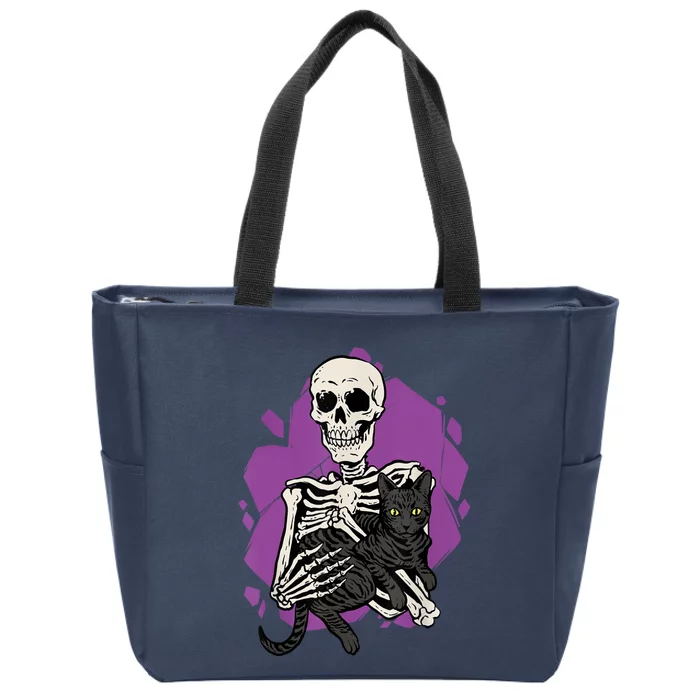 Skeleton Holding A Black Cat Lazy Halloween Costume Skull Zip Tote Bag