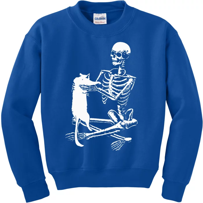 Skeleton Holding A Cat Lazy Halloween Costume Skull Kids Sweatshirt