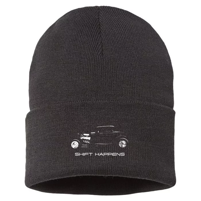 Shift Happens Automotive Nostalgia Vintage Hotrod Car Sustainable Knit Beanie