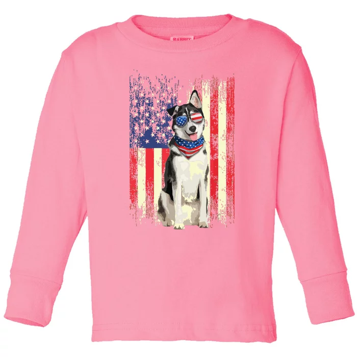 Siberian Husky American Flag 4th Of July Patriotic Dog Lover Toddler Long Sleeve Shirt