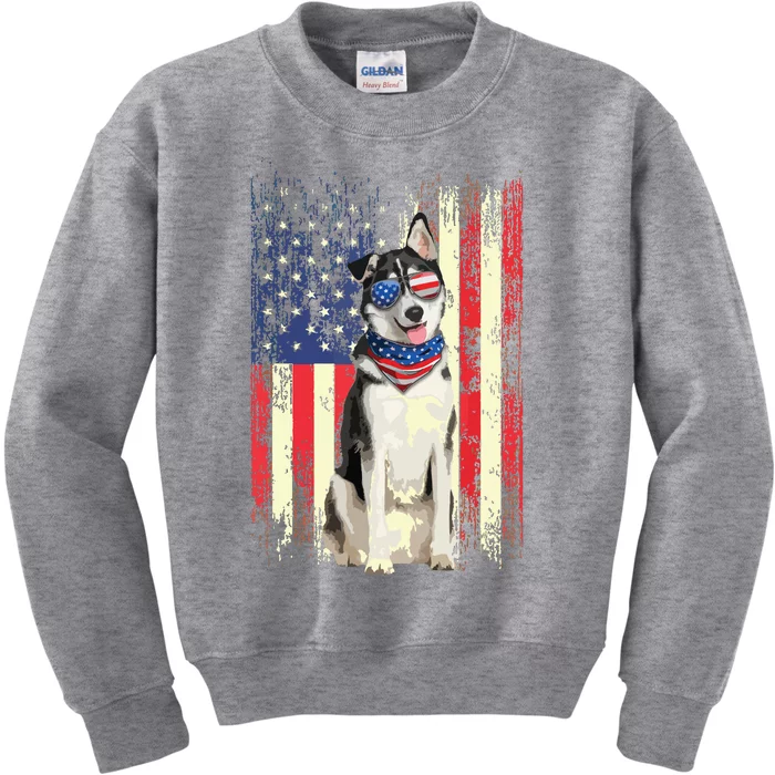 Siberian Husky American Flag 4th Of July Patriotic Dog Lover Kids Sweatshirt