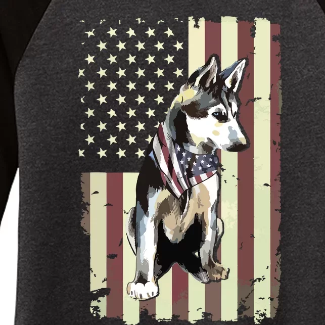 Siberian Husky American Flag Bandana 4th Of July Gift Women's Tri-Blend 3/4-Sleeve Raglan Shirt