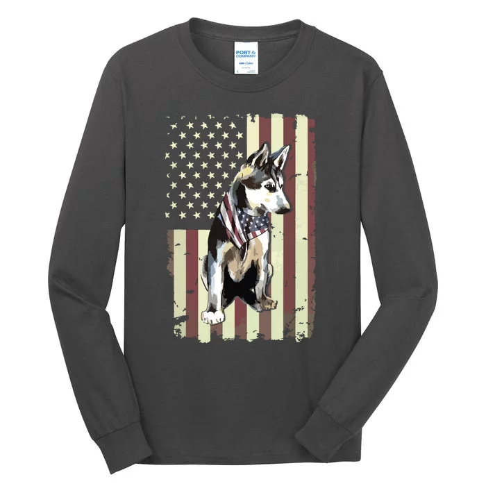 Siberian Husky American Flag Bandana 4th Of July Gift Tall Long Sleeve T-Shirt