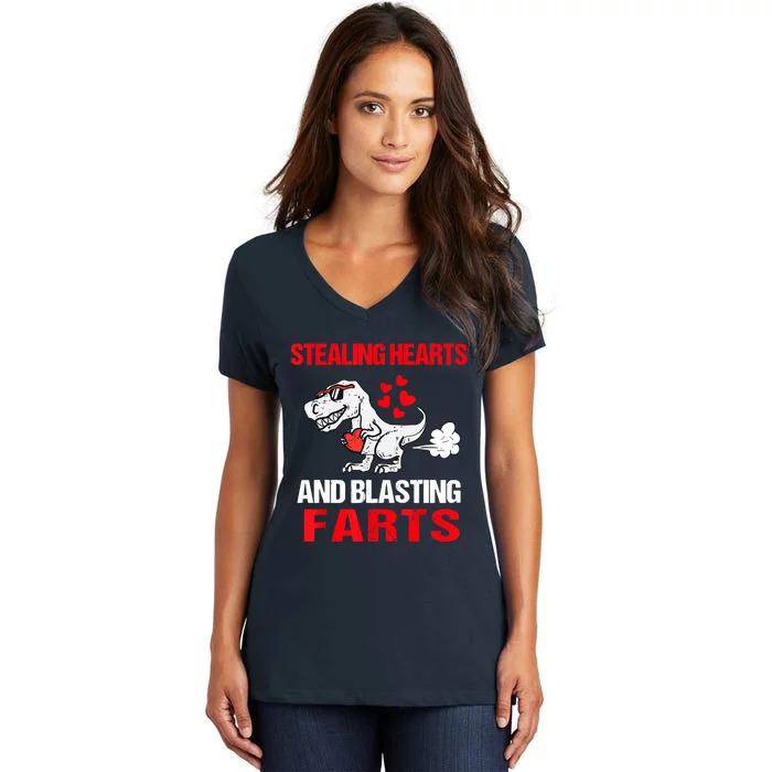 Stealing Hearts And Blasting Farts T Rex Women's V-Neck T-Shirt