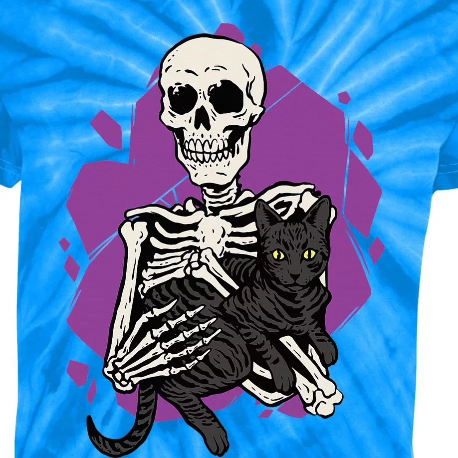 Skeleton Holding A Black Cat Lazy Halloween Costume Skull Kids Tie-Dye T-Shirt