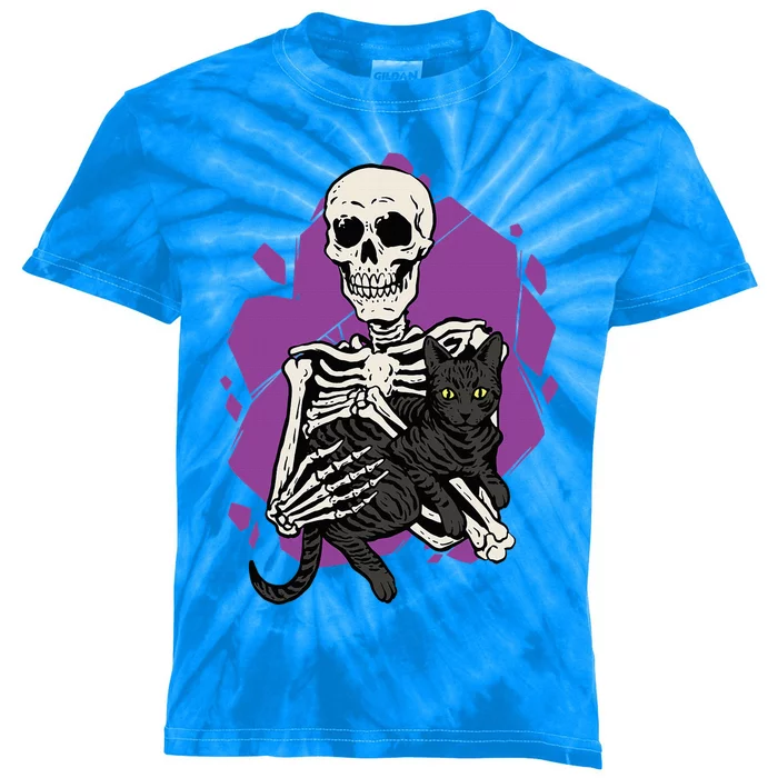 Skeleton Holding A Black Cat Lazy Halloween Costume Skull Kids Tie-Dye T-Shirt