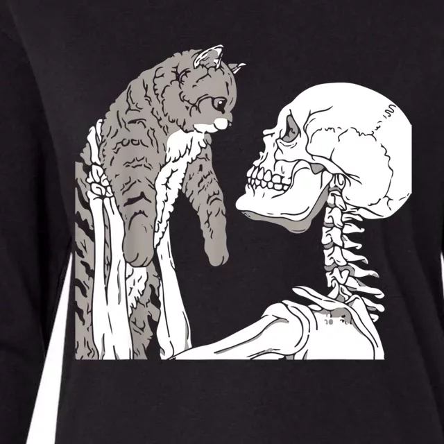 Skeleton Holding A Cat Shirt Lazy Halloween Costume Skull Womens Cotton Relaxed Long Sleeve T-Shirt