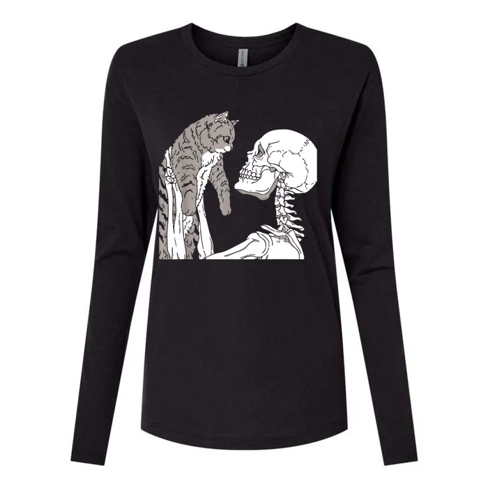 Skeleton Holding A Cat Shirt Lazy Halloween Costume Skull Womens Cotton Relaxed Long Sleeve T-Shirt