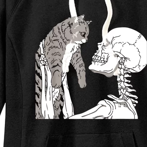 Skeleton Holding A Cat Shirt Lazy Halloween Costume Skull Women's Fleece Hoodie