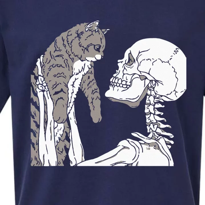 Skeleton Holding A Cat Lazy Halloween Costume Skull Sueded Cloud Jersey T-Shirt