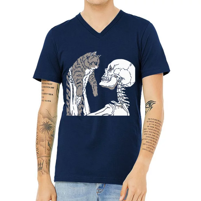 Skeleton Holding A Cat Lazy Halloween Costume Skull V-Neck T-Shirt